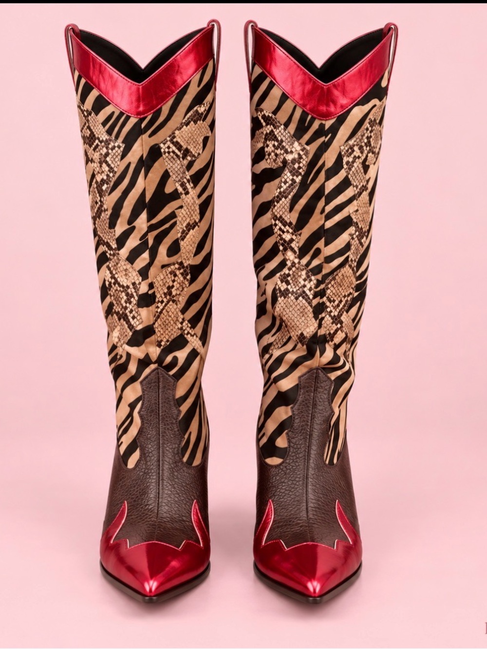 Gorgeous Zebra & Snakeskin Tall Western Boots with Red Metallic Trim
